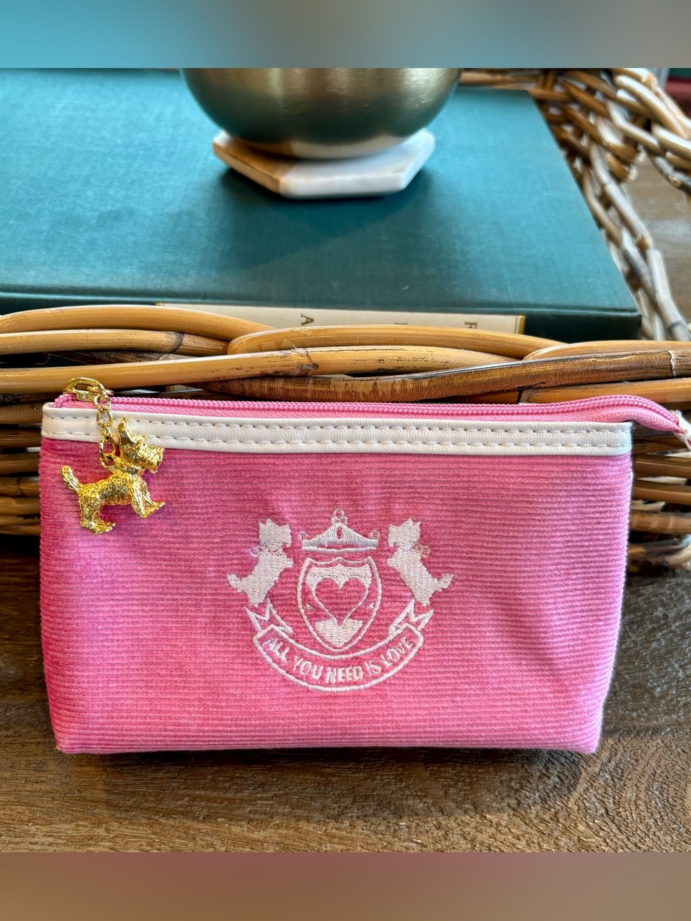 Juicy Couture, Pink Corduroy Zip Makeup Pouch w/ Gold Dog Charm